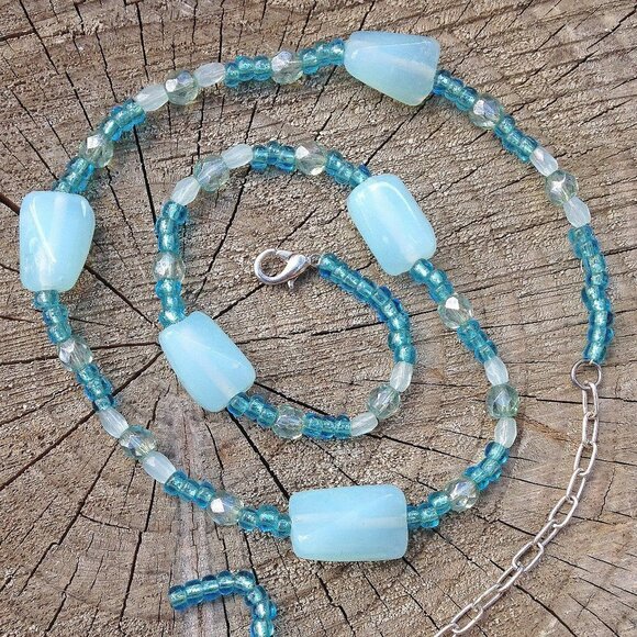 Beaded Glass Necklace in Shades Sparkling Seafoam on Ocean Waves of Wate… - Picture 3 of 8